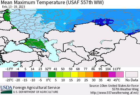 Russian Federation Mean Maximum Temperature (USAF 557th WW) Thematic Map For 2/13/2023 - 2/19/2023