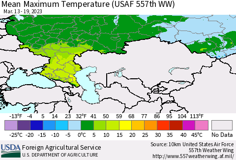 Russian Federation Mean Maximum Temperature (USAF 557th WW) Thematic Map For 3/13/2023 - 3/19/2023