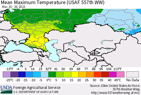 Russian Federation Mean Maximum Temperature (USAF 557th WW) Thematic Map For 3/20/2023 - 3/26/2023