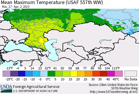 Russian Federation Mean Maximum Temperature (USAF 557th WW) Thematic Map For 3/27/2023 - 4/2/2023