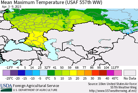 Russian Federation Mean Maximum Temperature (USAF 557th WW) Thematic Map For 4/3/2023 - 4/9/2023