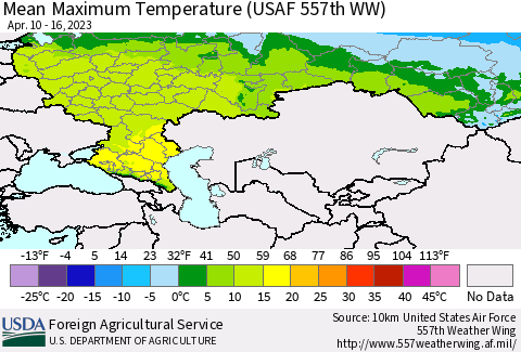 Russian Federation Mean Maximum Temperature (USAF 557th WW) Thematic Map For 4/10/2023 - 4/16/2023