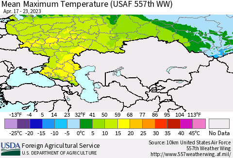 Russian Federation Mean Maximum Temperature (USAF 557th WW) Thematic Map For 4/17/2023 - 4/23/2023