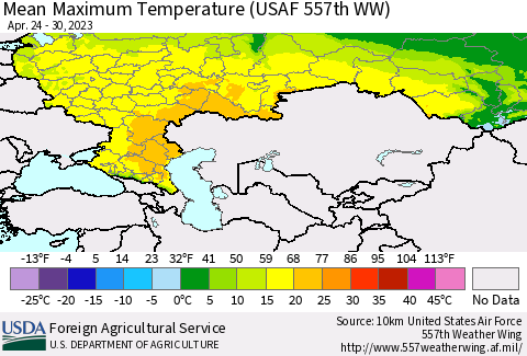 Russian Federation Mean Maximum Temperature (USAF 557th WW) Thematic Map For 4/24/2023 - 4/30/2023