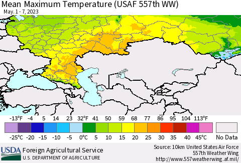 Russian Federation Mean Maximum Temperature (USAF 557th WW) Thematic Map For 5/1/2023 - 5/7/2023