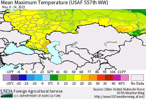 Russian Federation Mean Maximum Temperature (USAF 557th WW) Thematic Map For 5/8/2023 - 5/14/2023