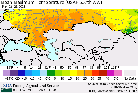 Russian Federation Mean Maximum Temperature (USAF 557th WW) Thematic Map For 5/22/2023 - 5/28/2023