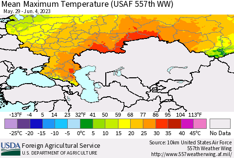 Russian Federation Mean Maximum Temperature (USAF 557th WW) Thematic Map For 5/29/2023 - 6/4/2023