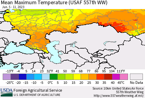 Russian Federation Mean Maximum Temperature (USAF 557th WW) Thematic Map For 6/5/2023 - 6/11/2023