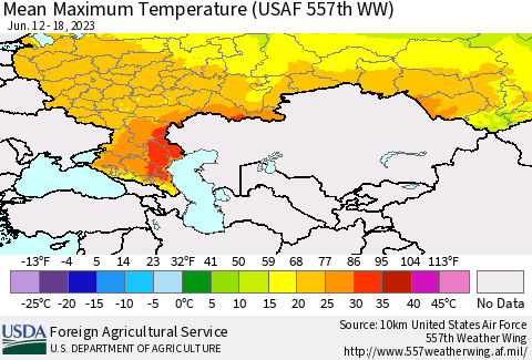 Russian Federation Mean Maximum Temperature (USAF 557th WW) Thematic Map For 6/12/2023 - 6/18/2023