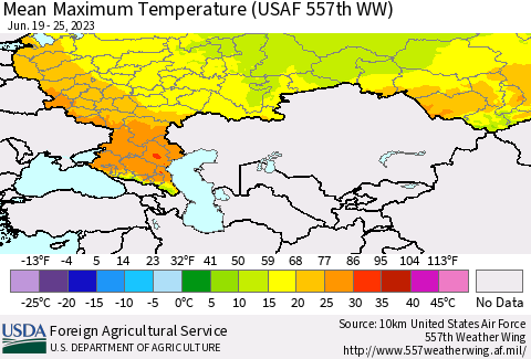 Russian Federation Mean Maximum Temperature (USAF 557th WW) Thematic Map For 6/19/2023 - 6/25/2023