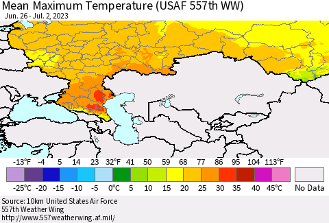 Russian Federation Mean Maximum Temperature (USAF 557th WW) Thematic Map For 6/26/2023 - 7/2/2023