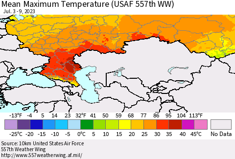 Russian Federation Mean Maximum Temperature (USAF 557th WW) Thematic Map For 7/3/2023 - 7/9/2023