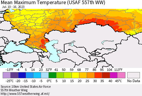 Russian Federation Mean Maximum Temperature (USAF 557th WW) Thematic Map For 7/10/2023 - 7/16/2023