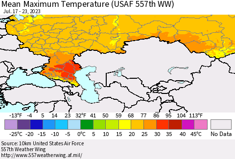 Russian Federation Mean Maximum Temperature (USAF 557th WW) Thematic Map For 7/17/2023 - 7/23/2023