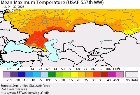 Russian Federation Mean Maximum Temperature (USAF 557th WW) Thematic Map For 7/24/2023 - 7/30/2023