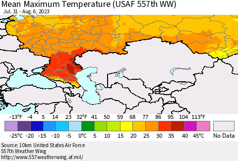 Russian Federation Mean Maximum Temperature (USAF 557th WW) Thematic Map For 7/31/2023 - 8/6/2023