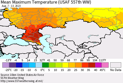 Russian Federation Mean Maximum Temperature (USAF 557th WW) Thematic Map For 8/7/2023 - 8/13/2023