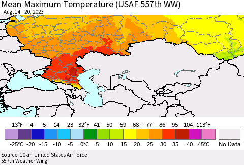 Russian Federation Mean Maximum Temperature (USAF 557th WW) Thematic Map For 8/14/2023 - 8/20/2023