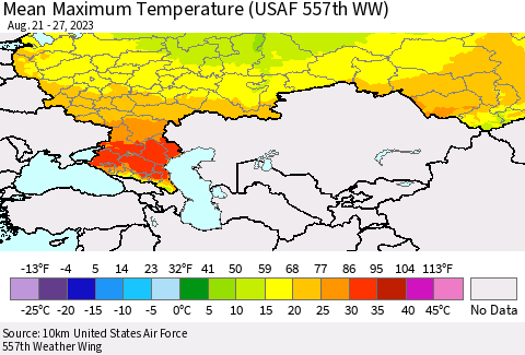 Russian Federation Mean Maximum Temperature (USAF 557th WW) Thematic Map For 8/21/2023 - 8/27/2023