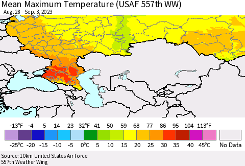 Russian Federation Mean Maximum Temperature (USAF 557th WW) Thematic Map For 8/28/2023 - 9/3/2023