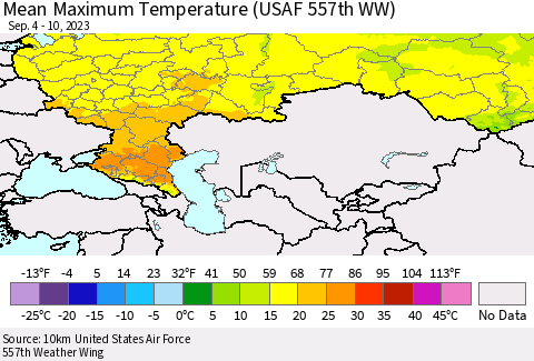 Russian Federation Mean Maximum Temperature (USAF 557th WW) Thematic Map For 9/4/2023 - 9/10/2023