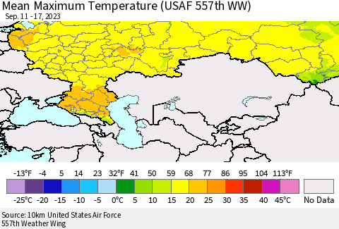 Russian Federation Mean Maximum Temperature (USAF 557th WW) Thematic Map For 9/11/2023 - 9/17/2023