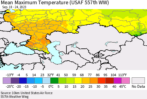 Russian Federation Mean Maximum Temperature (USAF 557th WW) Thematic Map For 9/18/2023 - 9/24/2023