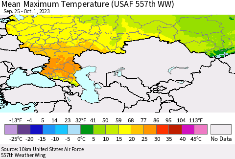Russian Federation Mean Maximum Temperature (USAF 557th WW) Thematic Map For 9/25/2023 - 10/1/2023