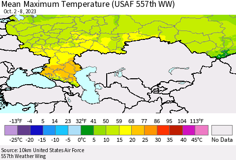 Russian Federation Mean Maximum Temperature (USAF 557th WW) Thematic Map For 10/2/2023 - 10/8/2023