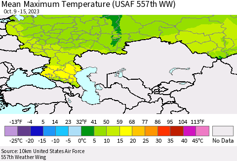 Russian Federation Mean Maximum Temperature (USAF 557th WW) Thematic Map For 10/9/2023 - 10/15/2023