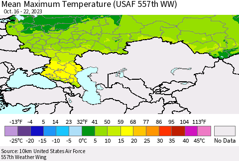 Russian Federation Mean Maximum Temperature (USAF 557th WW) Thematic Map For 10/16/2023 - 10/22/2023