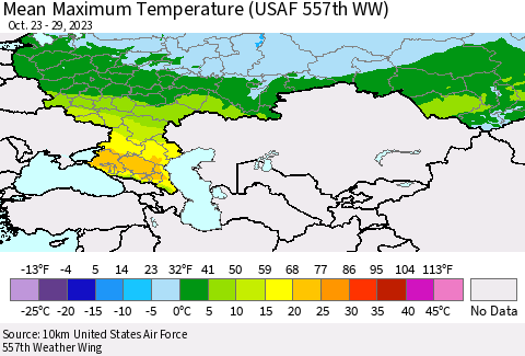 Russian Federation Mean Maximum Temperature (USAF 557th WW) Thematic Map For 10/23/2023 - 10/29/2023