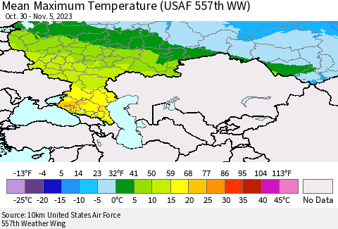 Russian Federation Mean Maximum Temperature (USAF 557th WW) Thematic Map For 10/30/2023 - 11/5/2023