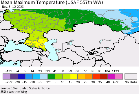 Russian Federation Mean Maximum Temperature (USAF 557th WW) Thematic Map For 11/6/2023 - 11/12/2023
