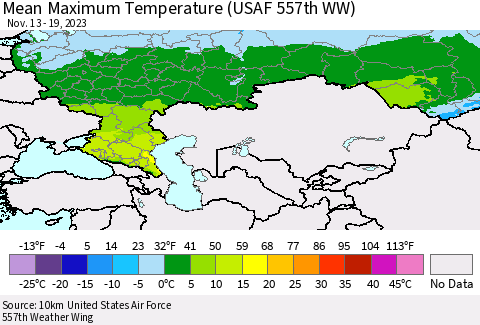 Russian Federation Mean Maximum Temperature (USAF 557th WW) Thematic Map For 11/13/2023 - 11/19/2023