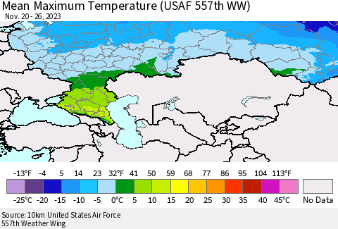 Russian Federation Mean Maximum Temperature (USAF 557th WW) Thematic Map For 11/20/2023 - 11/26/2023