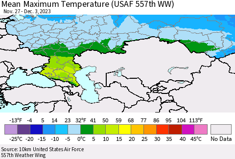 Russian Federation Mean Maximum Temperature (USAF 557th WW) Thematic Map For 11/27/2023 - 12/3/2023