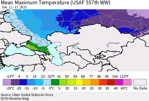 Russian Federation Mean Maximum Temperature (USAF 557th WW) Thematic Map For 12/11/2023 - 12/17/2023