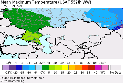 Russian Federation Mean Maximum Temperature (USAF 557th WW) Thematic Map For 12/18/2023 - 12/24/2023