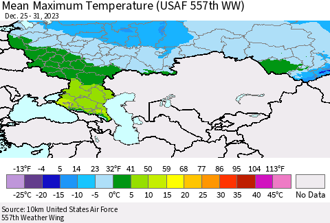 Russian Federation Mean Maximum Temperature (USAF 557th WW) Thematic Map For 12/25/2023 - 12/31/2023