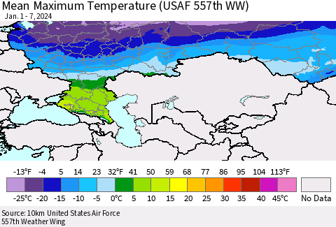 Russian Federation Mean Maximum Temperature (USAF 557th WW) Thematic Map For 1/1/2024 - 1/7/2024