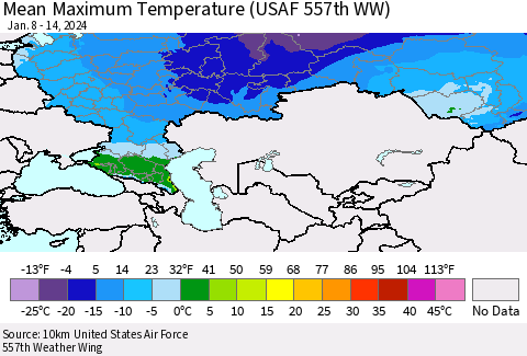 Russian Federation Mean Maximum Temperature (USAF 557th WW) Thematic Map For 1/8/2024 - 1/14/2024
