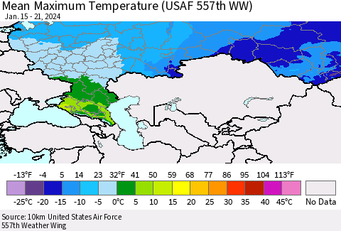 Russian Federation Mean Maximum Temperature (USAF 557th WW) Thematic Map For 1/15/2024 - 1/21/2024