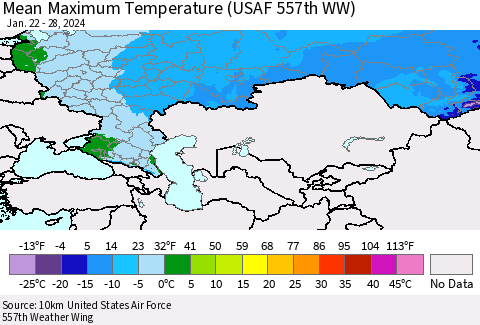 Russian Federation Mean Maximum Temperature (USAF 557th WW) Thematic Map For 1/22/2024 - 1/28/2024