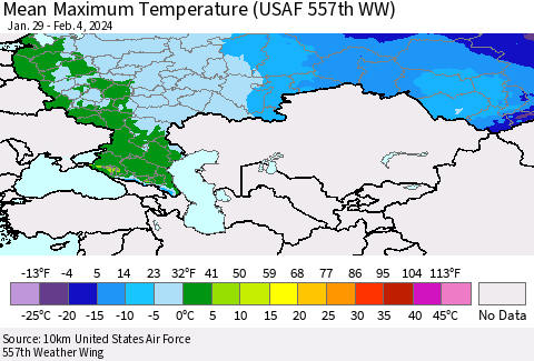 Russian Federation Mean Maximum Temperature (USAF 557th WW) Thematic Map For 1/29/2024 - 2/4/2024