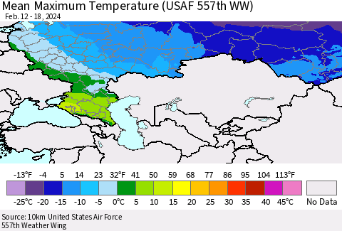 Russian Federation Mean Maximum Temperature (USAF 557th WW) Thematic Map For 2/12/2024 - 2/18/2024