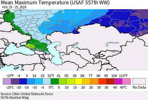 Russian Federation Mean Maximum Temperature (USAF 557th WW) Thematic Map For 2/19/2024 - 2/25/2024