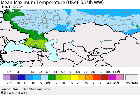 Russian Federation Mean Maximum Temperature (USAF 557th WW) Thematic Map For 3/4/2024 - 3/10/2024