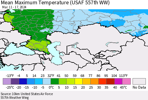 Russian Federation Mean Maximum Temperature (USAF 557th WW) Thematic Map For 3/11/2024 - 3/17/2024